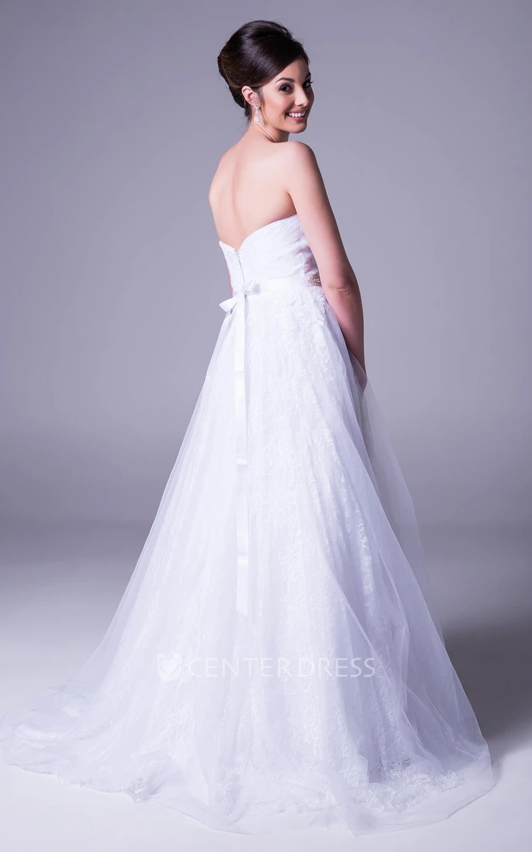 A-Line Floor-Length Sweetheart Jeweled Tulle Wedding Dress With Ruching And Bow
