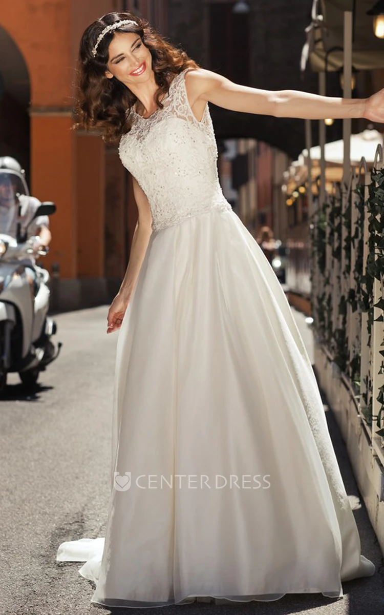 A-Line Sleeveless Floor-Length Scoop-Neck Appliqued Satin Wedding Dress With Beading