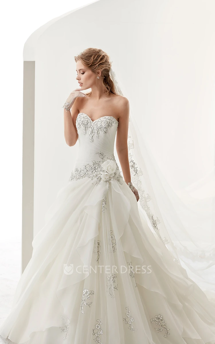 Sweetheart Beaded A-line Bridal Gown with Beaded Flower Embellishment and Ruffles Overlayer