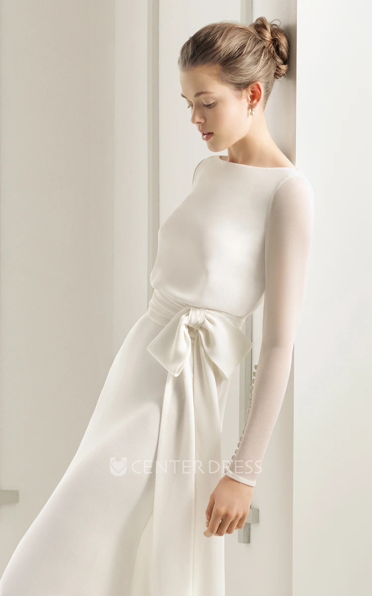 Flowing Long-sleeved Chiffon Dress With Decoratived Buttons and Bow