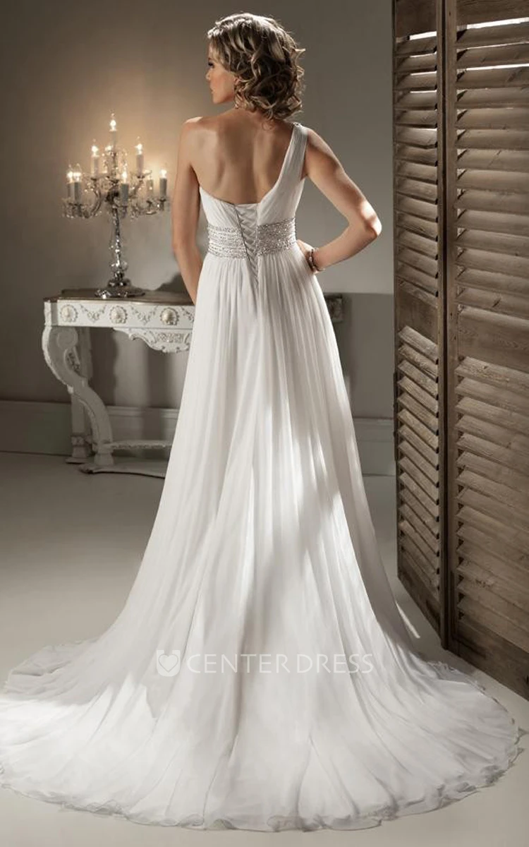 Grecian Modern One-shoulder Chiffon Gown With Beaded Wasitband