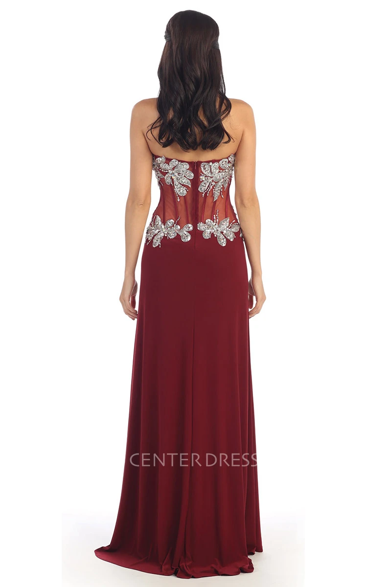 A-Line Sweetheart Sleeveless Jersey Illusion Dress With Split Front And Beading