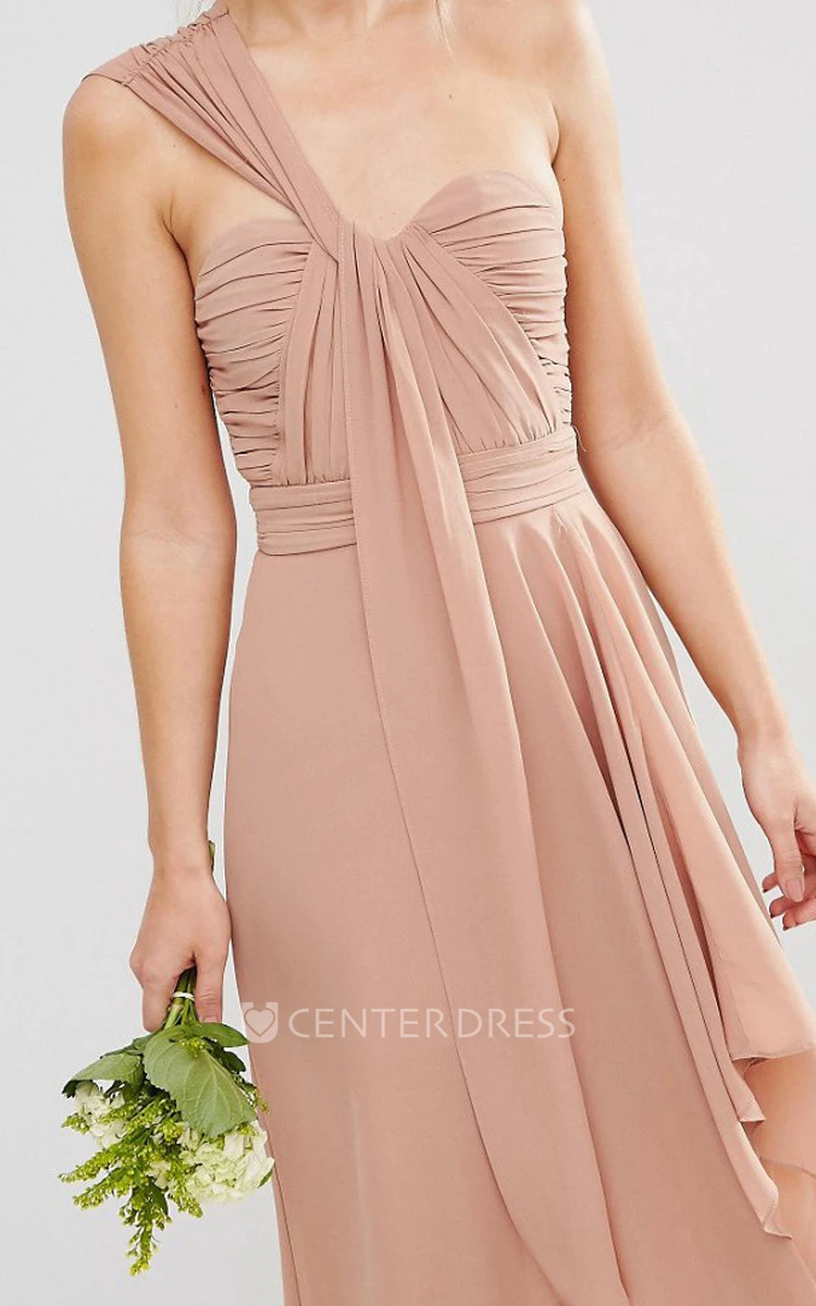 High-Low Sleeveless One-Shoulder Ruched Chiffon Bridesmaid Dress