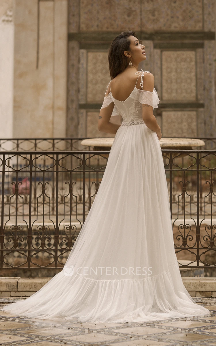 Tulle Spaghetti Straps Off-the-shoulder Adorable Wedding Dress With Lace Details