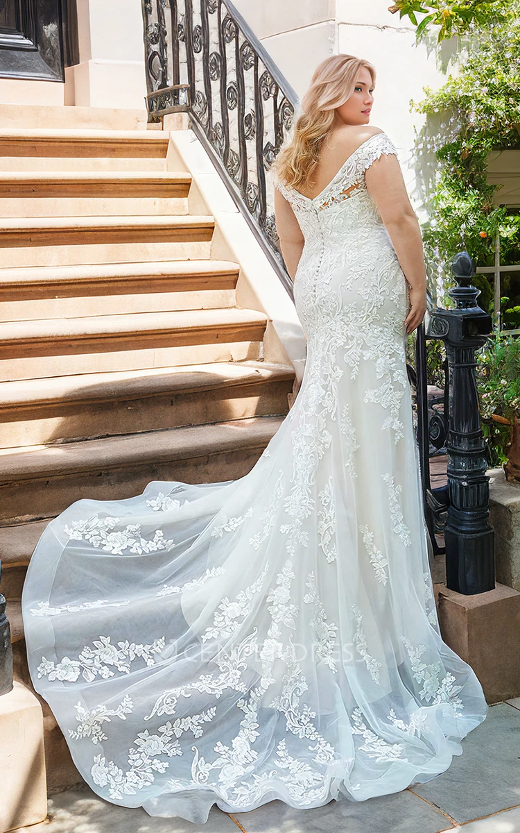 Off-the-shoulder Mermaid Plus Size Lace Elegant Wedding Dress with Button Back
