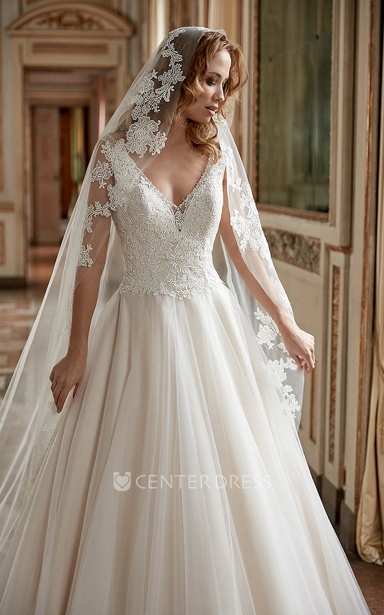 A-Line V-Neck Sleeveless Floor-Length Appliqued Tulle Wedding Dress With Pleats