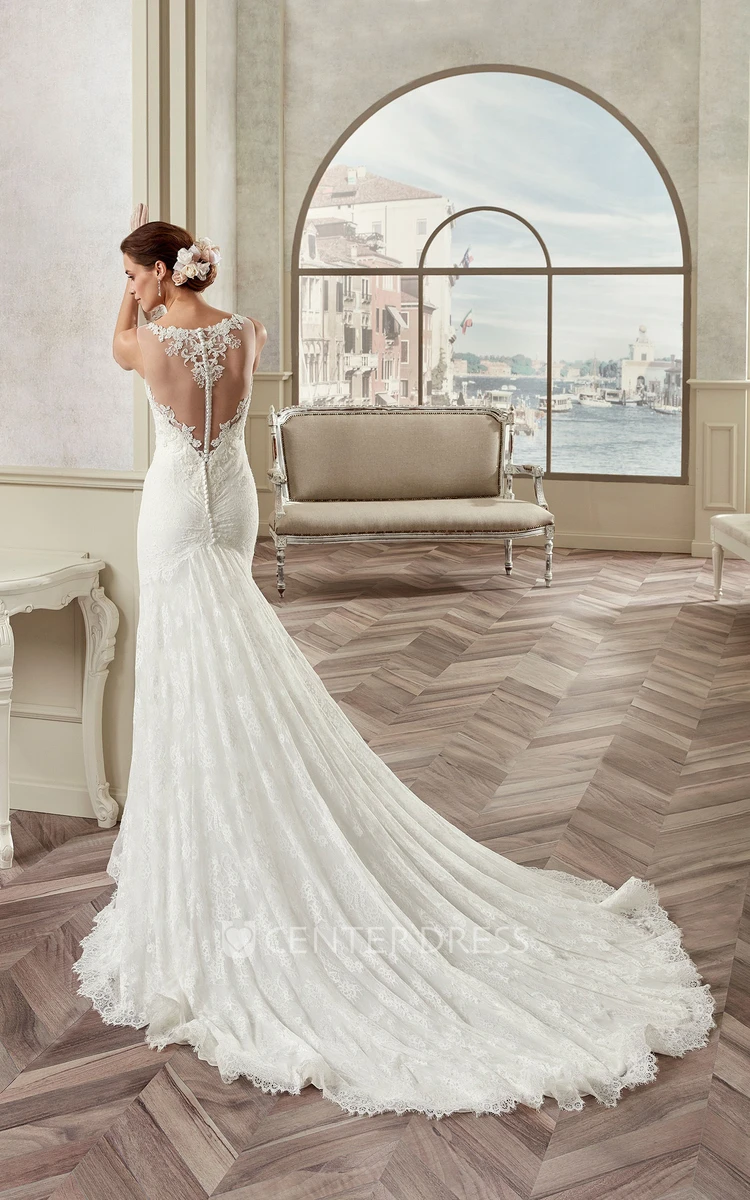 Jewel-Neck Cap Sleeve Lace Bridal Gown With Illusive Design And Brush Train