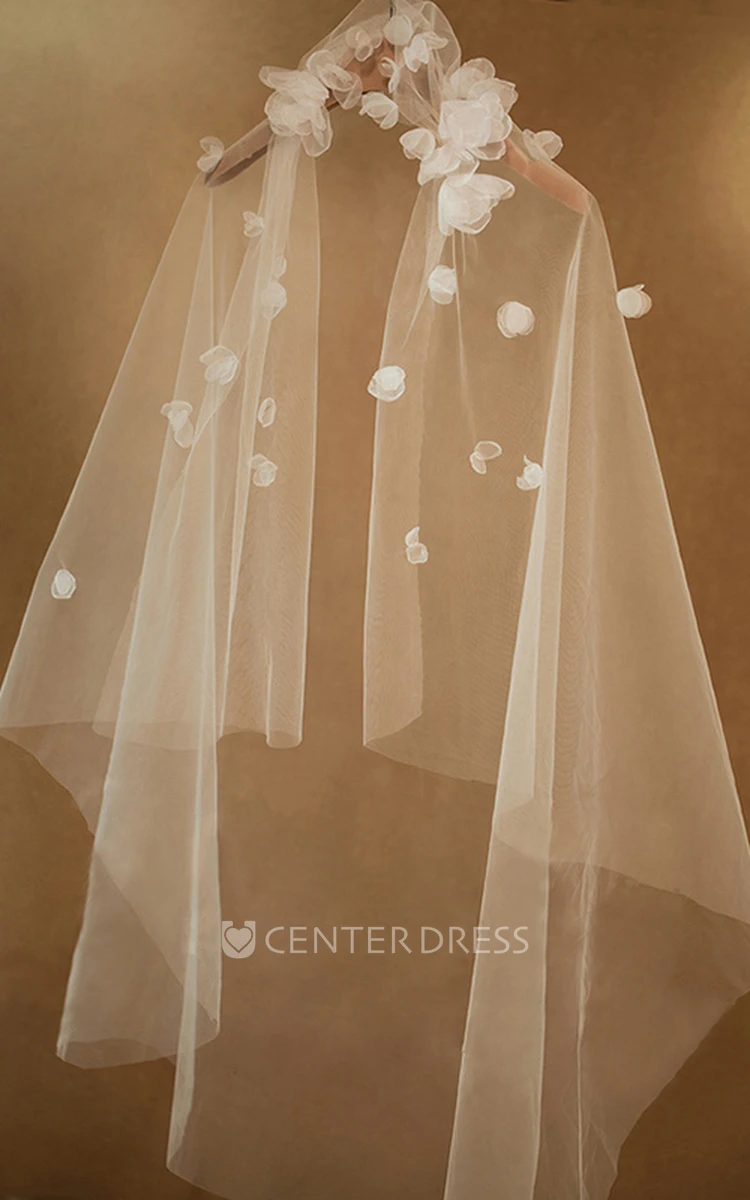 Beautiful Handmade Long Tulle Veil with Flowers