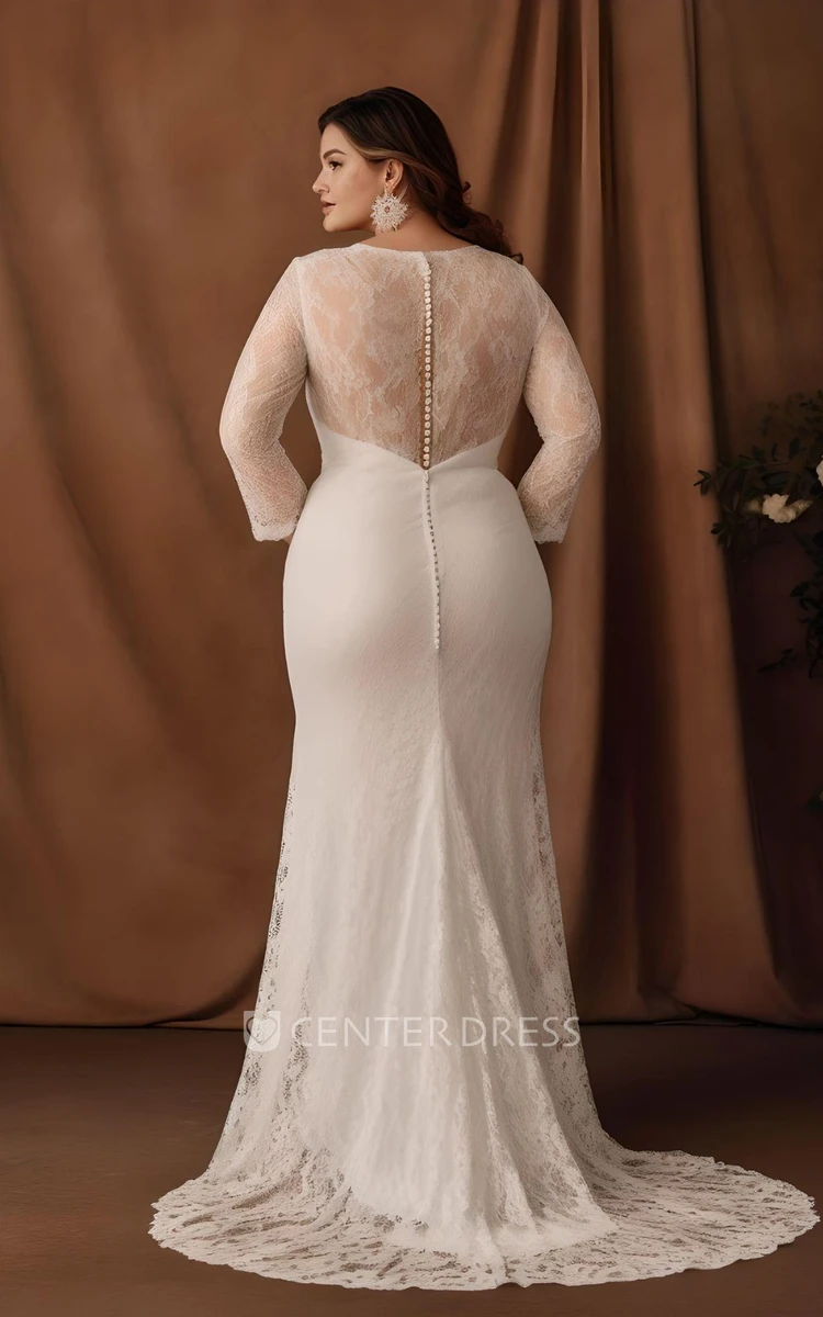 2024 Mermaid Chiffon Plus Size Wedding Dress Long Sleeve Romantic Plunging Neckline Garden