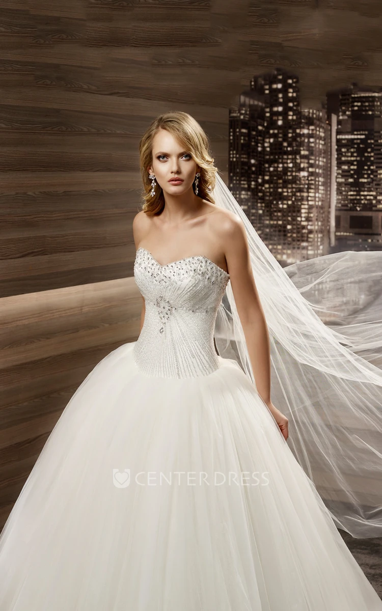 Sweetheart Pleated A-line Wedding Gown with Beaded Bodice and Puffy Skirt 