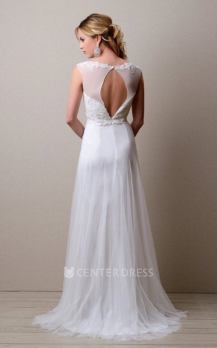 Cap Sleeve Empire Tulle A-Line Gown With Keyhole Back And Lace Top