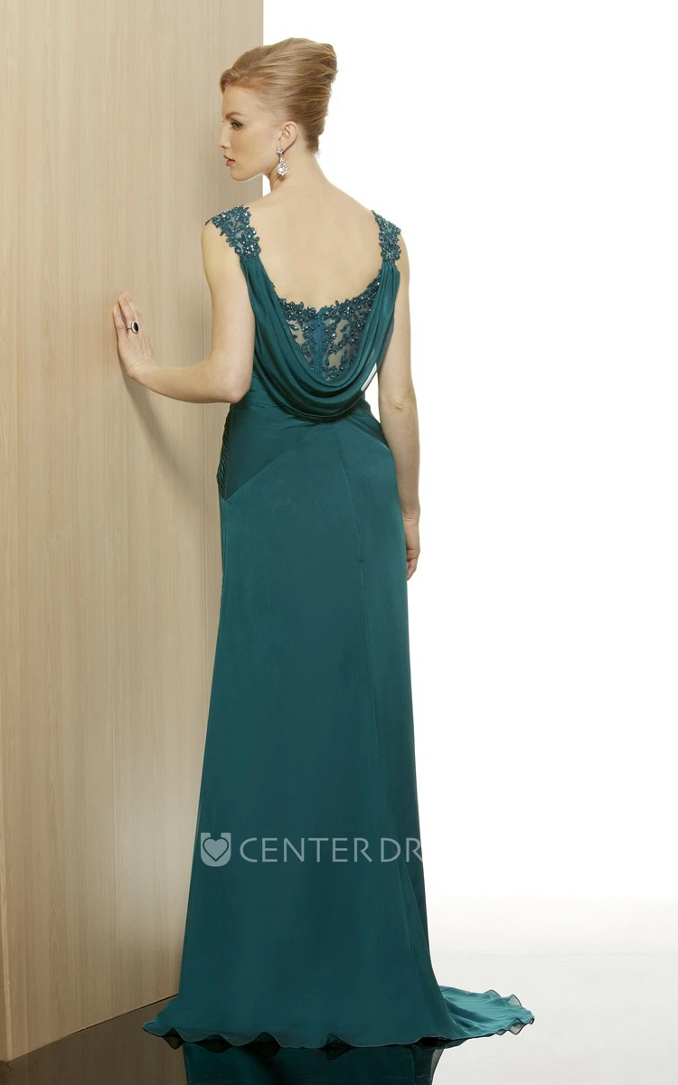 A-Line V-Neck Sequined Sleeveless Long Chiffon Formal Dress With Low-V Back And Ruching