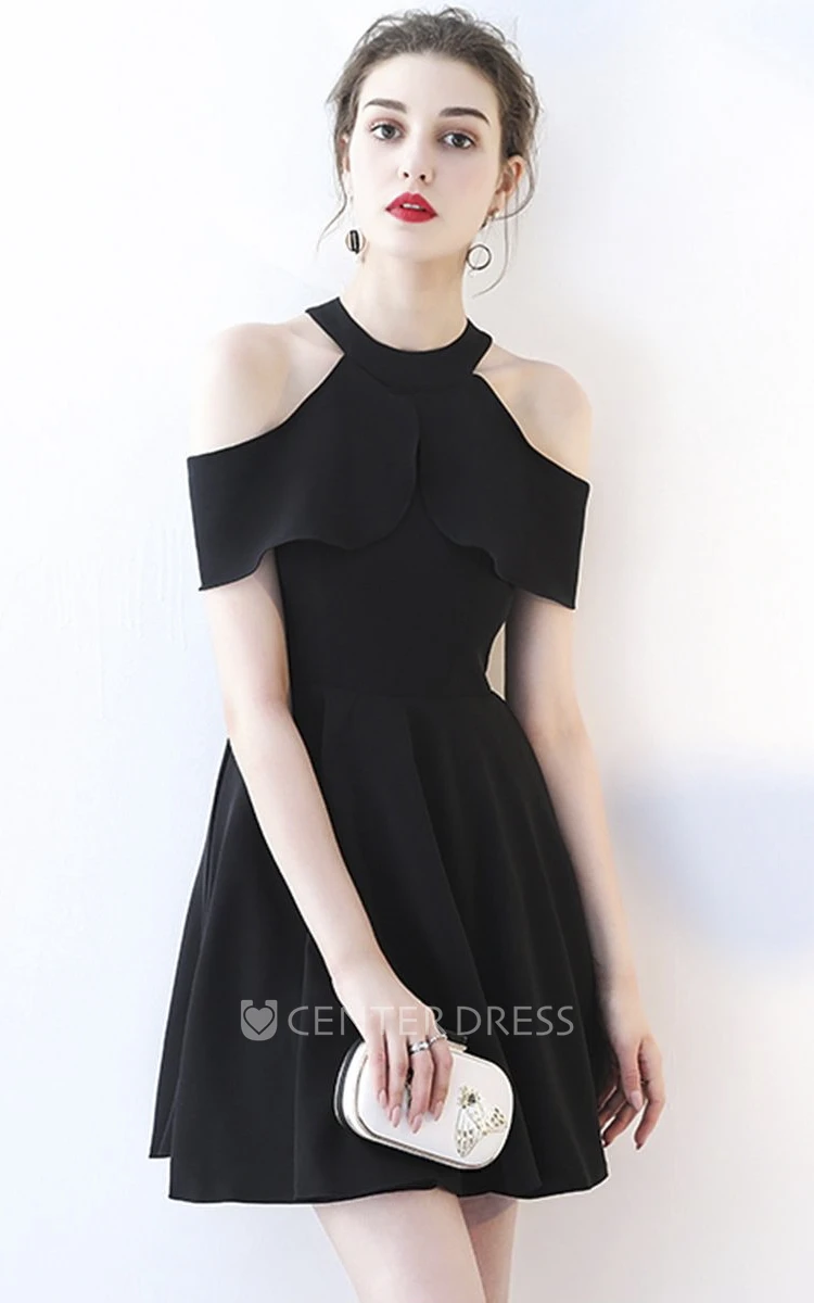 Simple Little Black Dress With Cap Sleeves And Halter Neckline