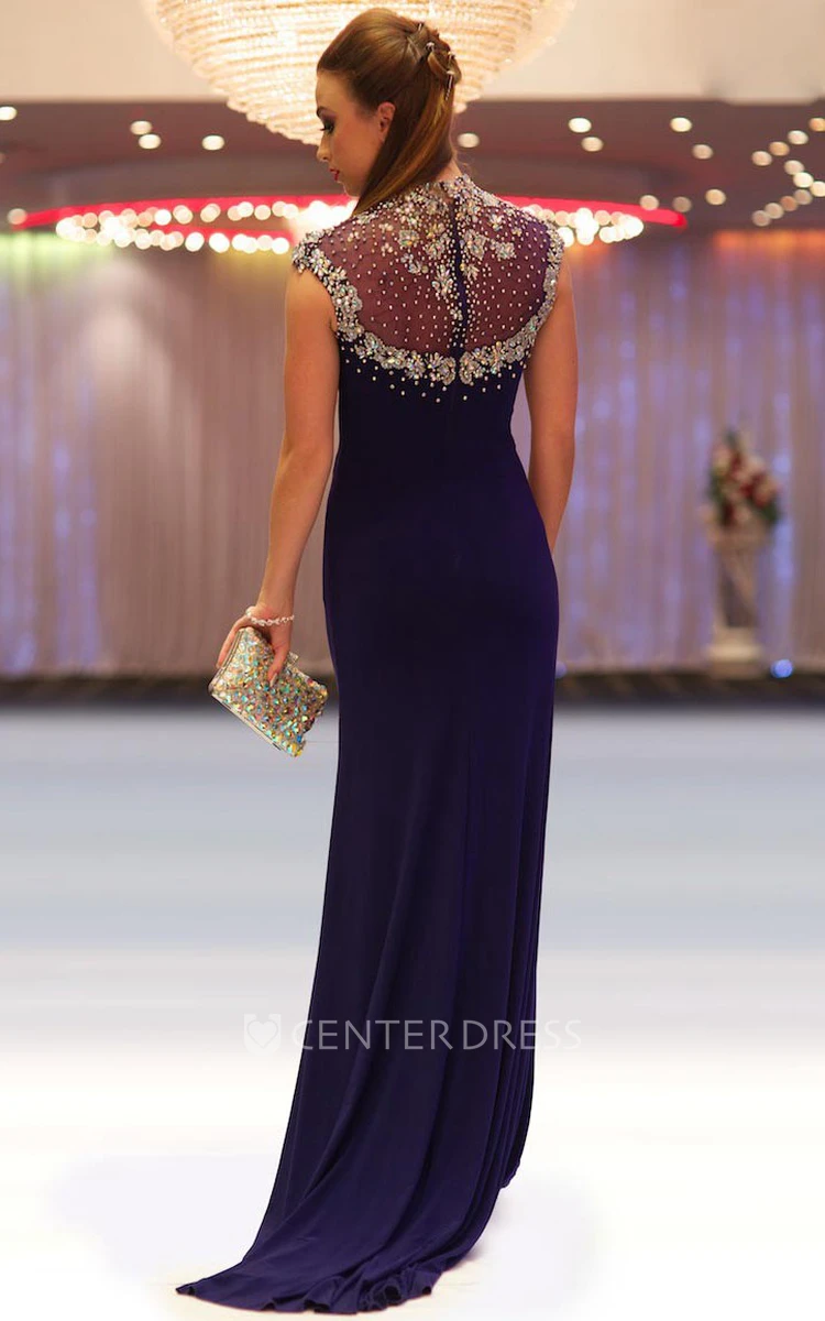 Sheath Beaded Floor-Length High-Neck Cap-Sleeve Jersey Prom Dress