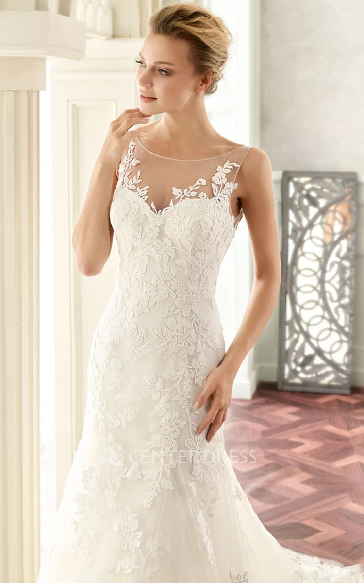 Scoop Long Appliqued Lace Wedding Dress With Court Train And V Back