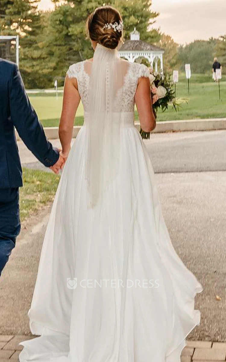 Modest Cap Sleeve Low V-Neck Illusion Back A-Line Lace Tulle Wedding Dress with Train