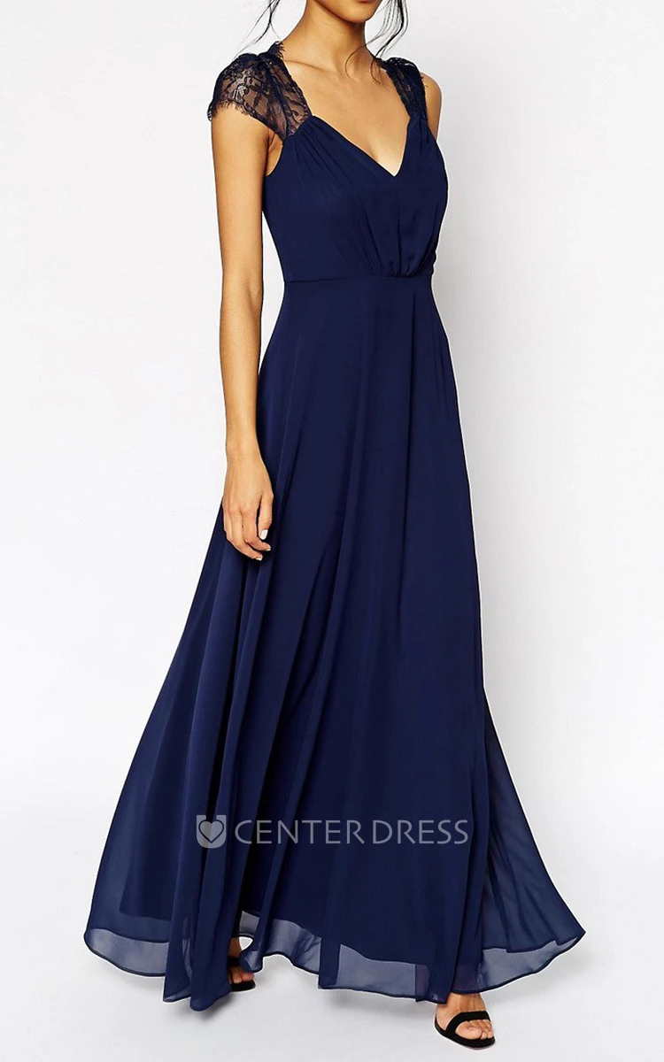 A-Line Cap-Sleeve Floor-Length V-Neck Lace Chiffon Bridesmaid Dress With Ruching