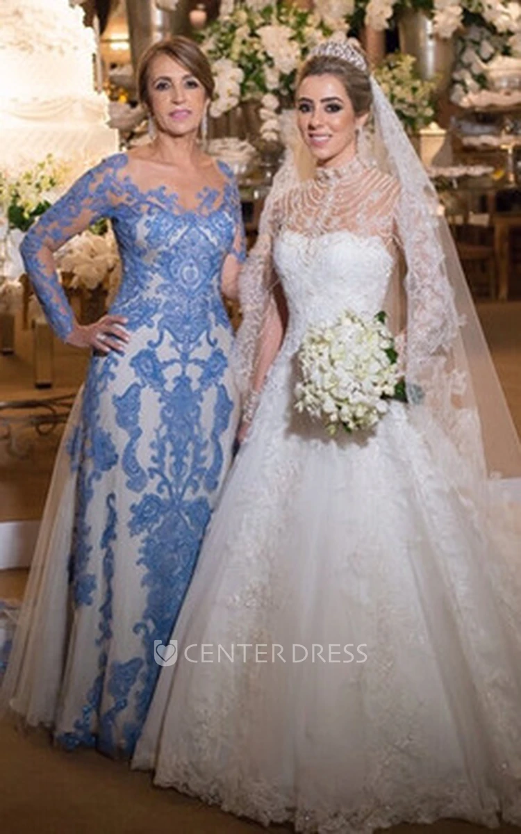 Modern Long Sleeve Floor-length Lace A Line Mother of the Bride Dress with Appliques