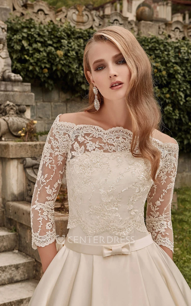 Off-the-shoulder Long A-line Satin Wedding Dress With Lace Bodice