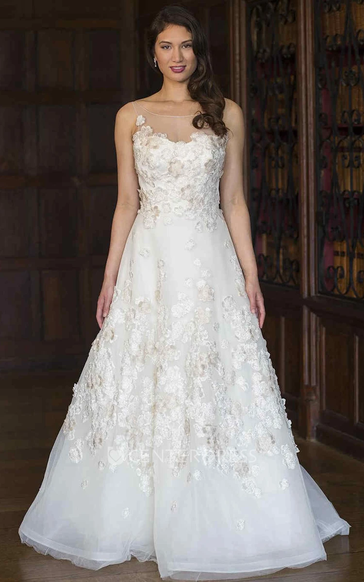 A-Line Scoop-Neck Floor-Length Sleeveless Floral Organza Wedding Dress With Appliques