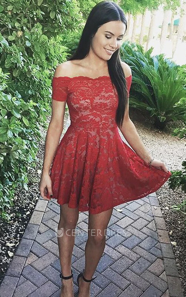 A-line Short Mini Sleeveless Off-the-shoulder Pleats Lace Homecoming Dress