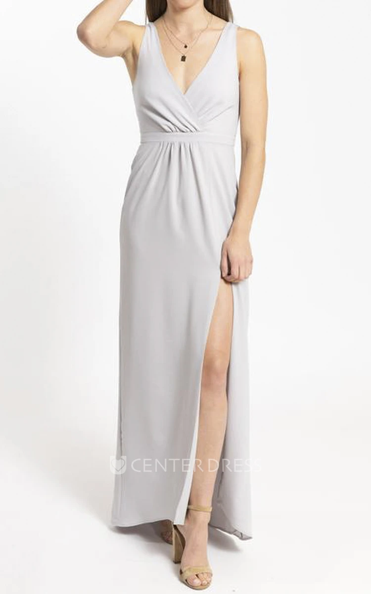 Front Split Plunging Neckline Sheath Chiffon And Ruched Details Bridesmaid Dress