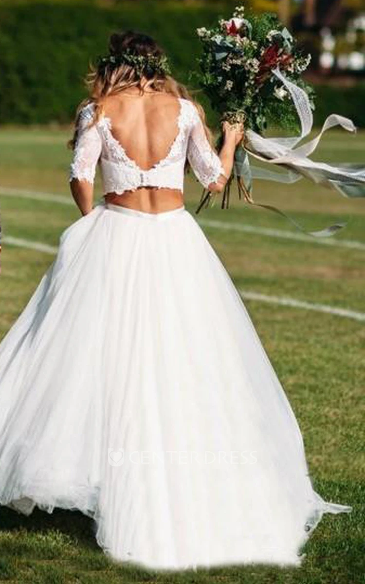 Two Piece Half Sleeve Lace Tulle Bohemian Low-V Back Wedding Dress