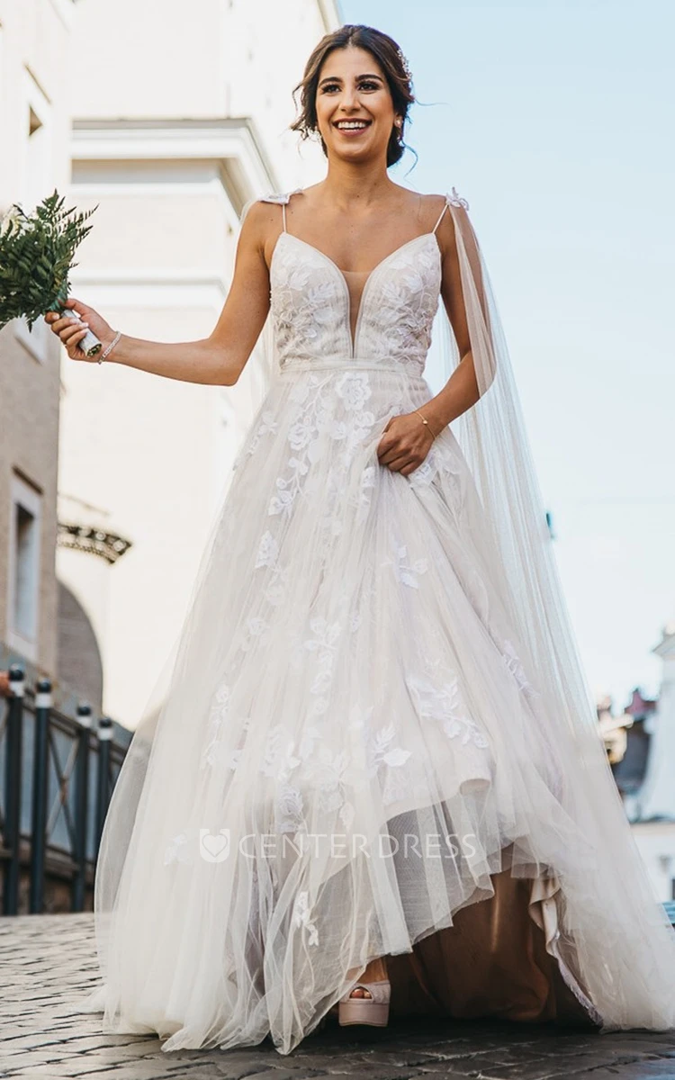 Modern A Line Lace and Tulle Spaghetti Wedding Dress with Appliques