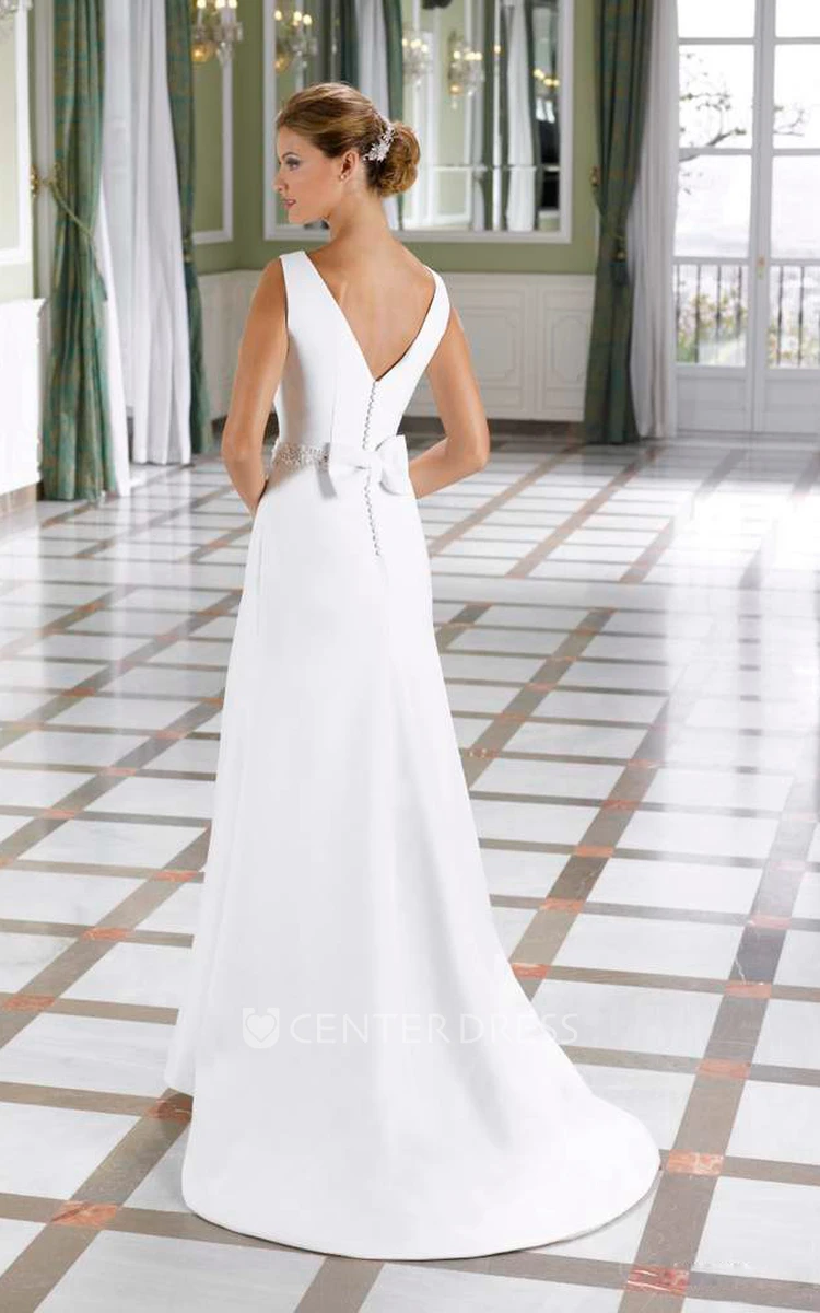 Sheath Sleeveless V-Neck Jeweled Long Satin Wedding Dress With Bow And Low-V Back