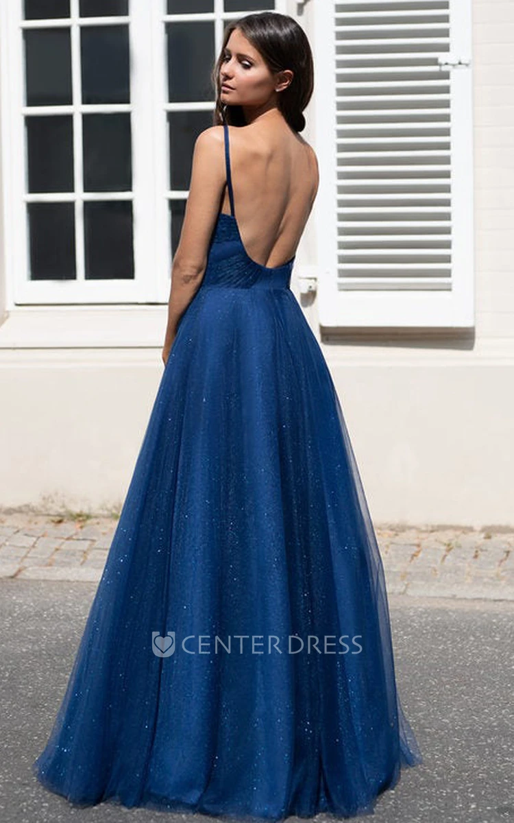 Elegant Tulle Sleeveless Floor-length A Line Prom Dress with Ruching