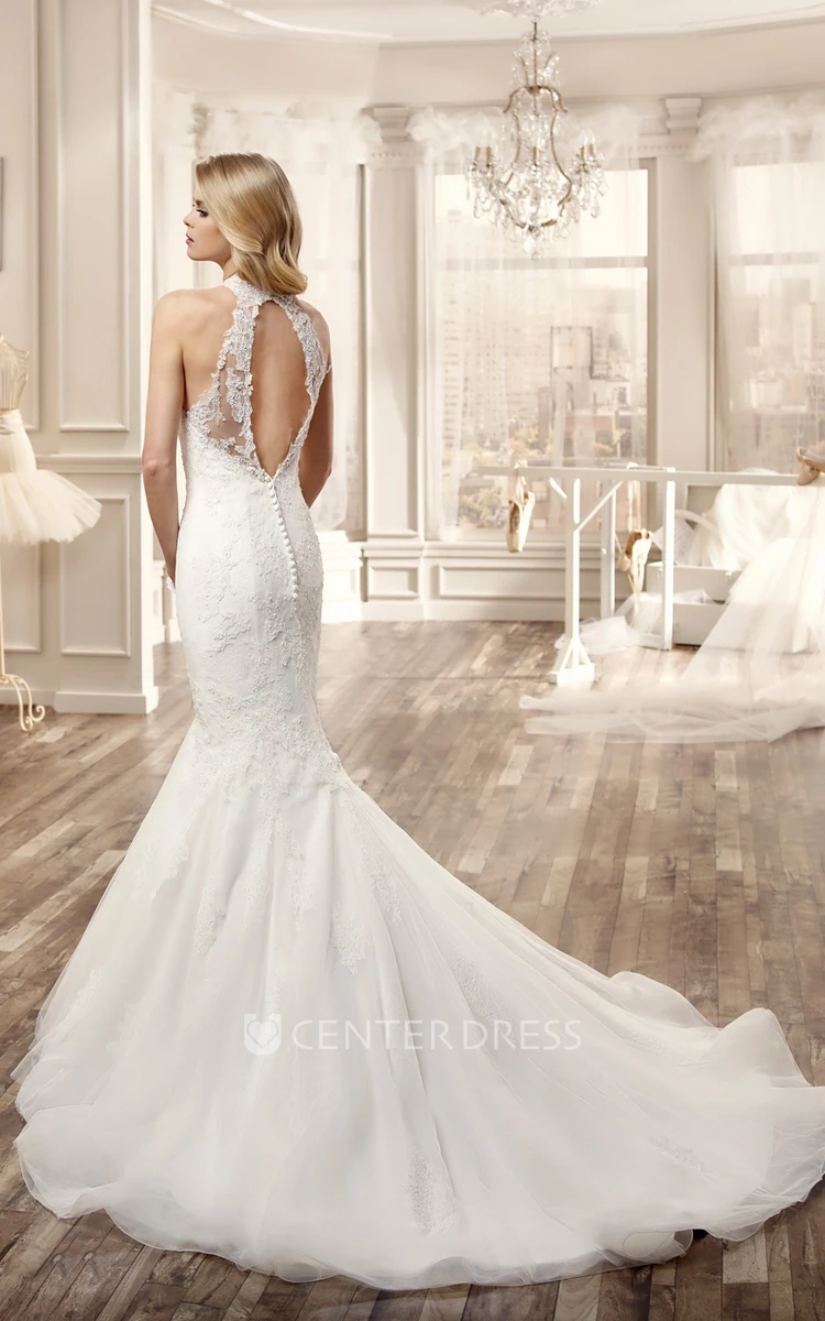 High-Neck Mermaid Lace Wedding Dress With Appliques And Keyhole Back