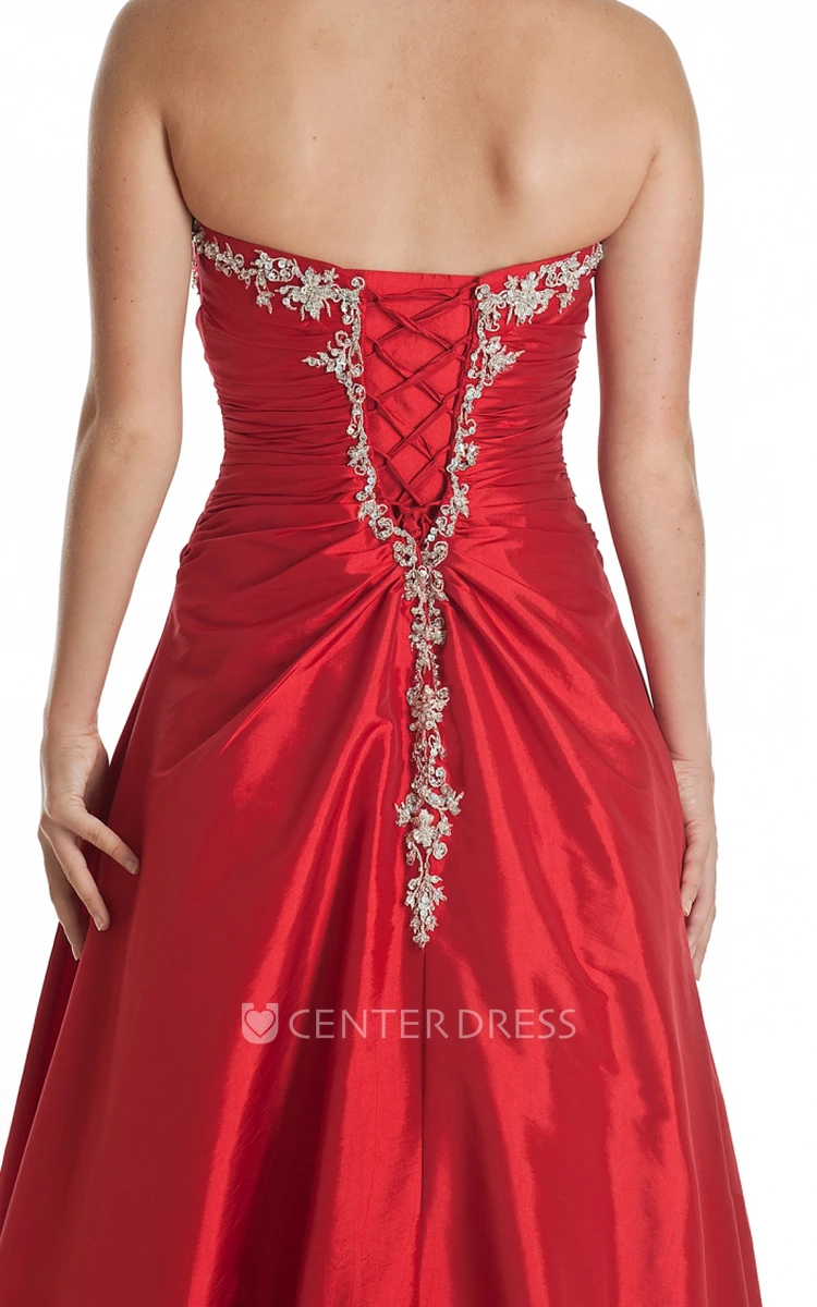 A-Line Sleeveless Beaded Strapless Floor-Length Satin Prom Dress With Draping