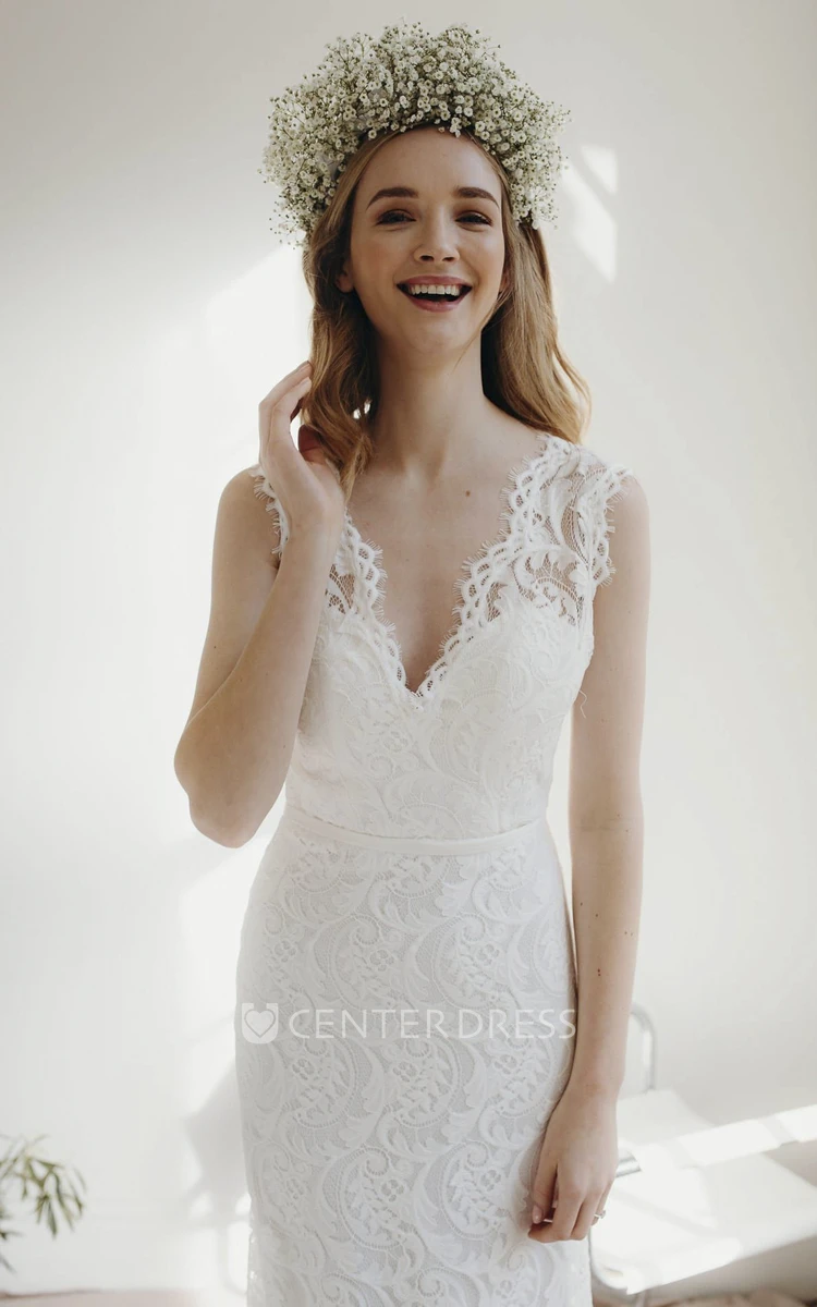 Cap Sleeve Lace Sheath Deep V-neck Bridal Gown With Deep V-neck And Court Train