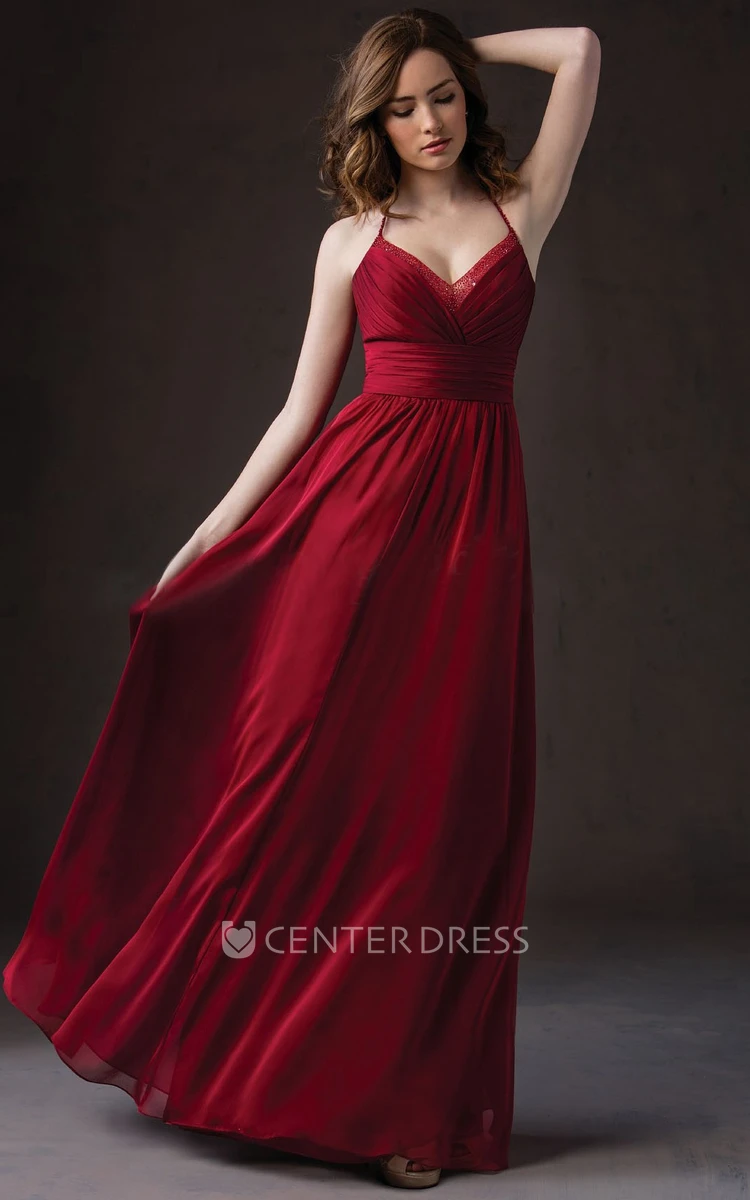 Sleeveless Floor-Length Bridesmaid Dress With Jewels And Pleats