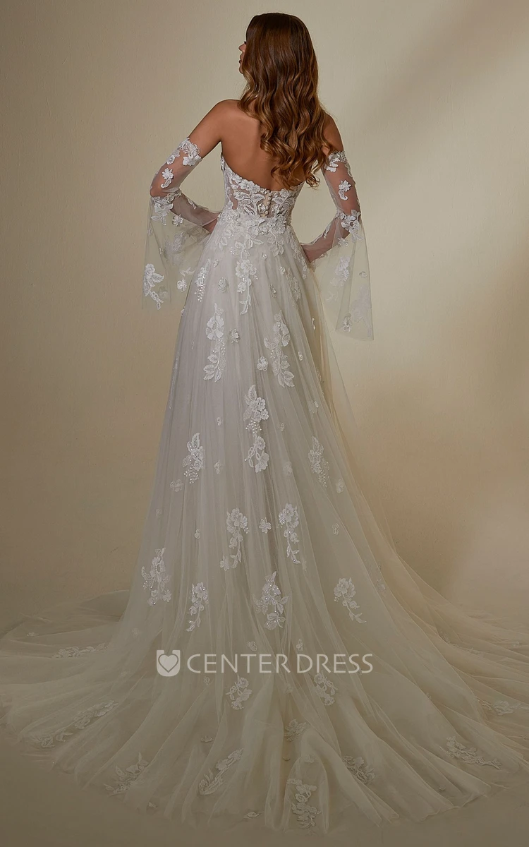 Sexy Floral Short Boho Lace A-Line Detachable Train and Sleeve Dress for Wedding Elegant Modern Sweetheart Backless Gown