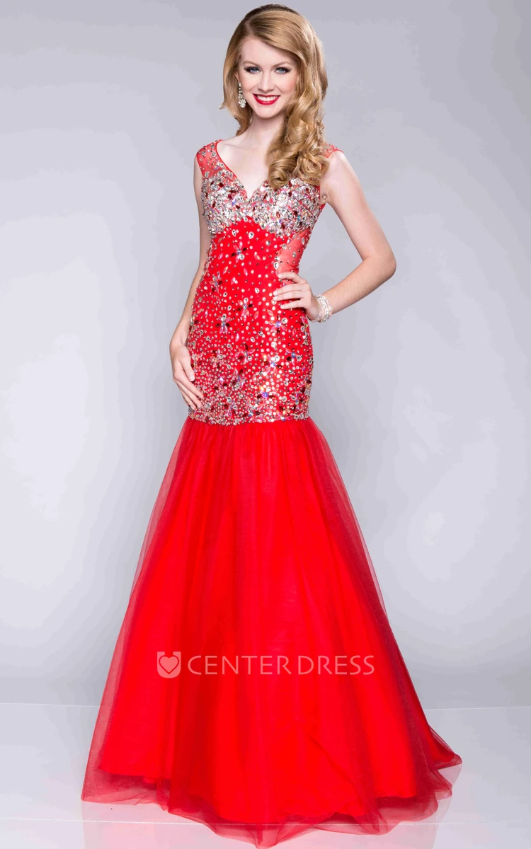 Fit And Flare V-Neck Tulle Prom Dress With Sequined Bodice