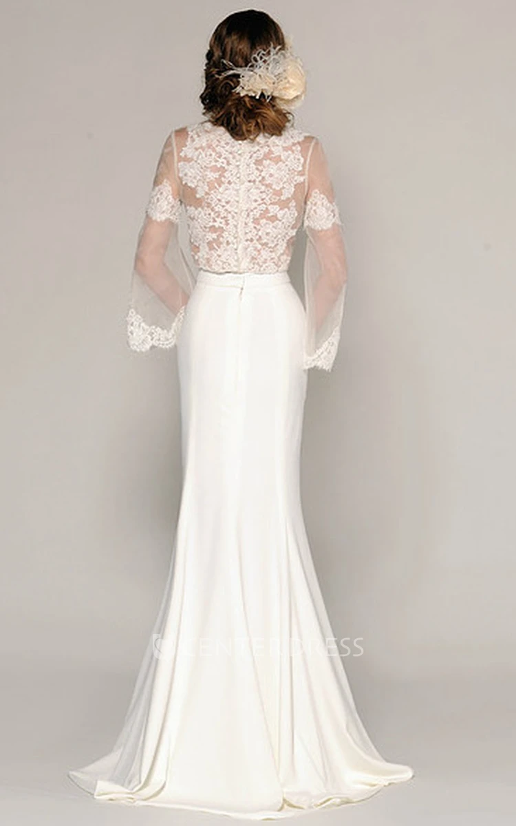 Scoop Floor-Length Appliqued Bell-Sleeve Chiffon Wedding Dress
