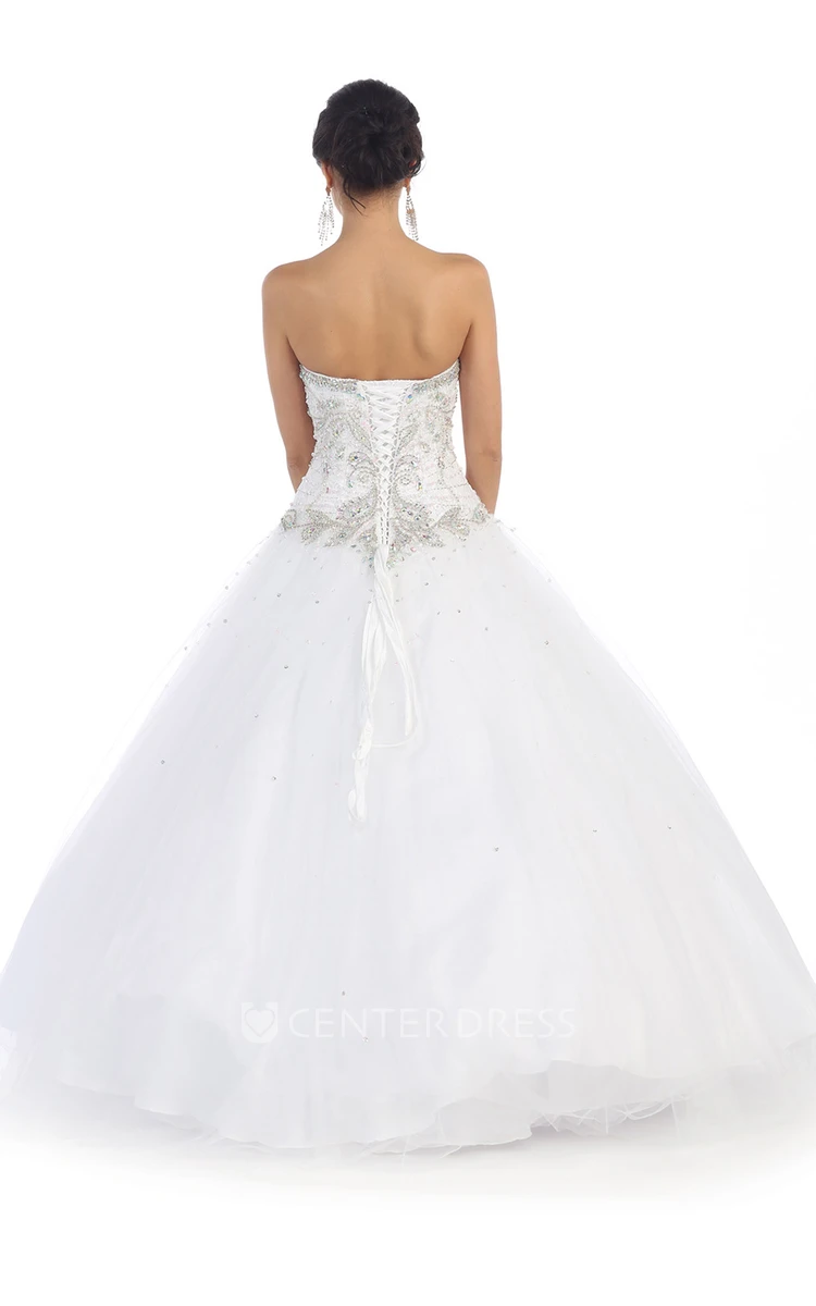 Ball Gown Maxi Sweetheart Sleeveless Tulle Satin Corset Back Dress With Beading
