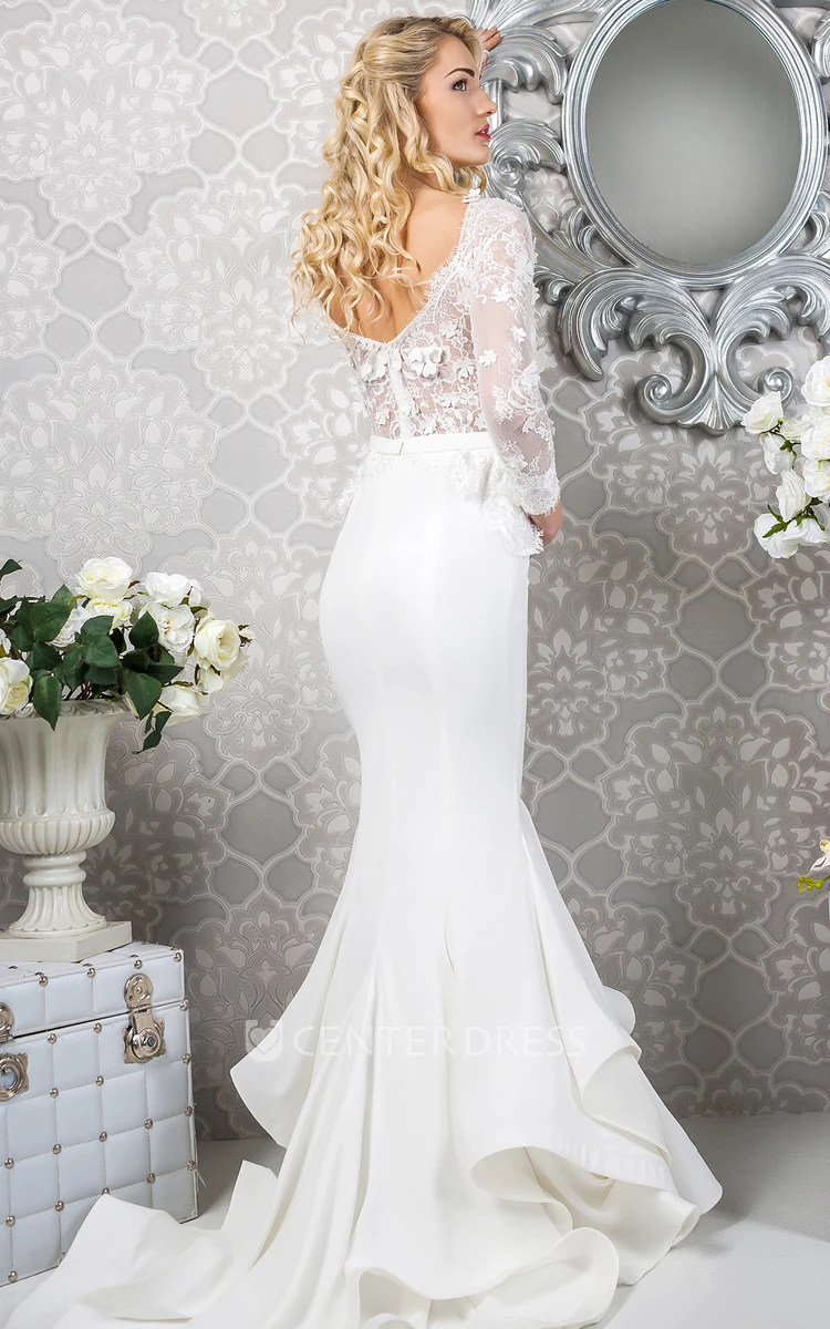 Mermaid Maxi Appliqued Long-Sleeve High-Neck Satin&Lace Wedding Dress