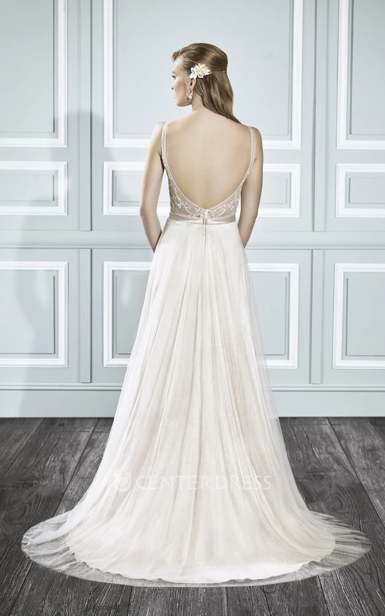 A-Line Floor-Length Appliqued Strapless Sleeveless Satin Wedding Dress With Sweep Train And Backless Style