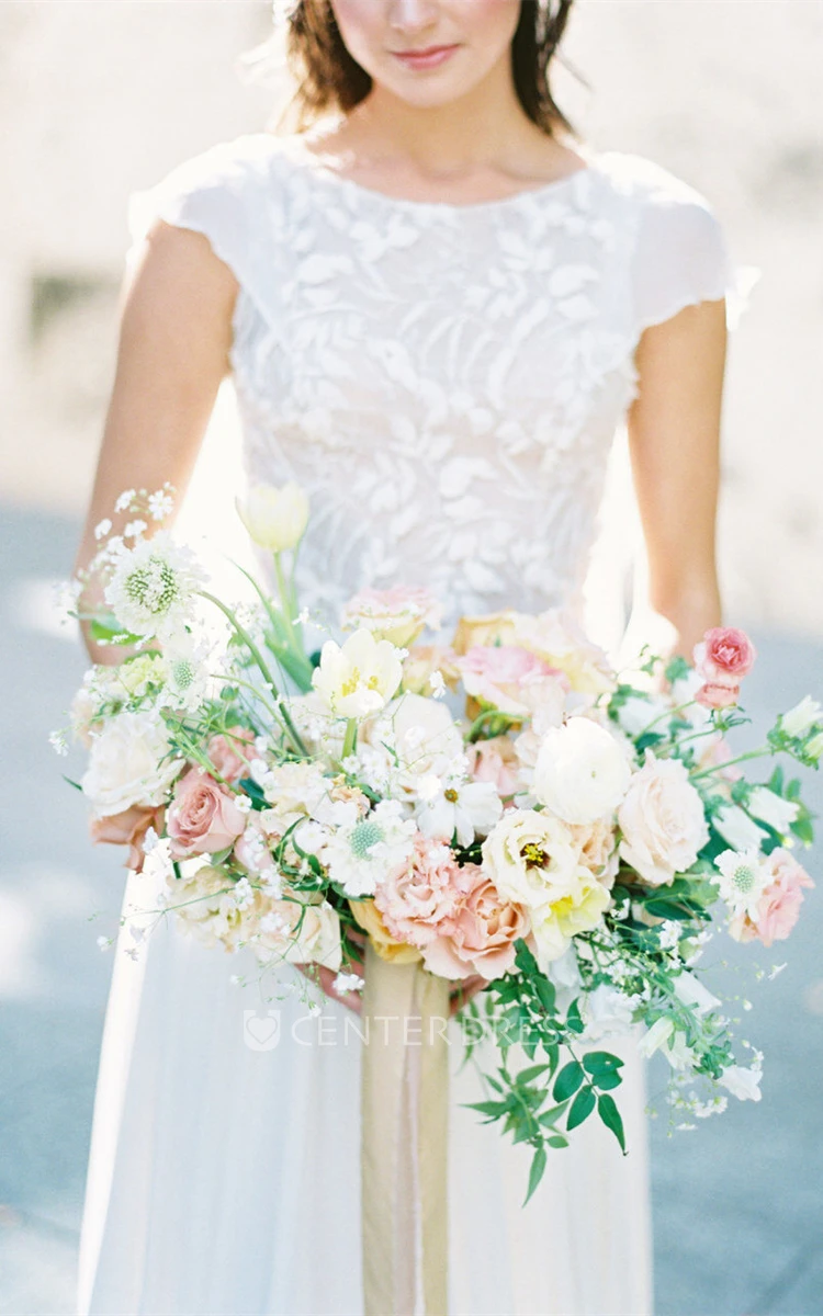Bohemian A-Line Bateau Tulle Short Sleeve Floor-length Wedding Dress