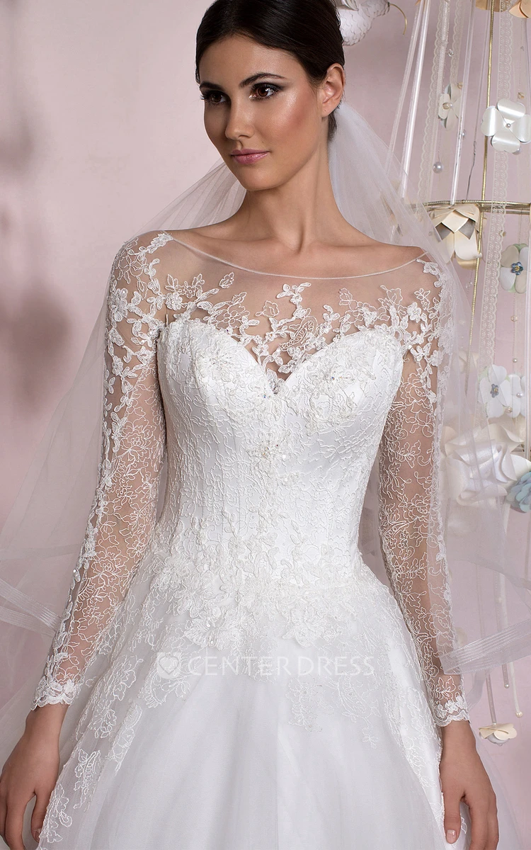 Ball Gown Bateau Neck Appliqued Long Sleeve Tulle Wedding Dress