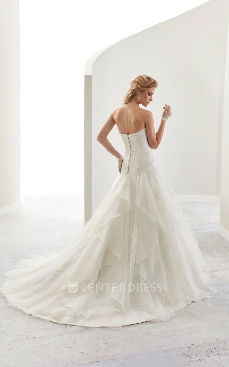 Strapless Beaded A-Line Bridal Gown With Ruffles Overlayer And Court Train
