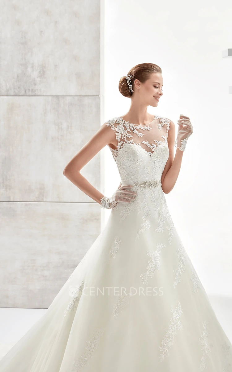Jewel-neck A-line Wedding Dress With Beaded Belt and Illusive Design