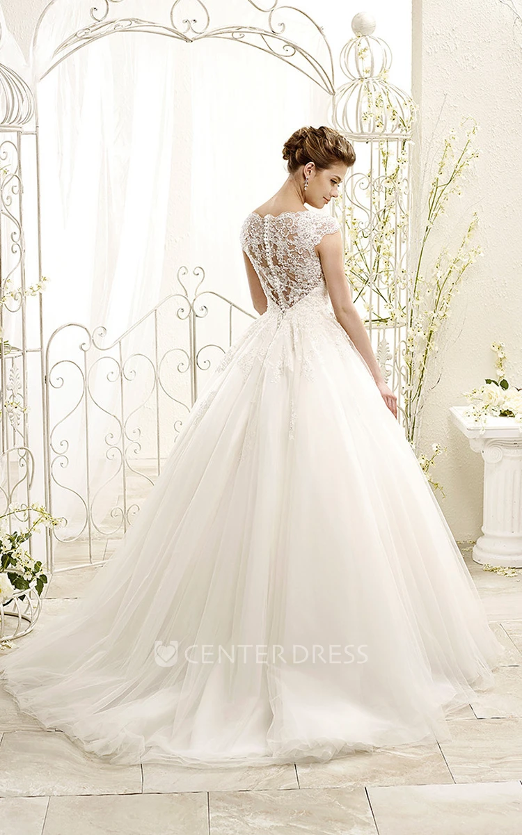 Ball Gown Long Appliqued Cap-Sleeve Tulle&Lace Wedding Dress