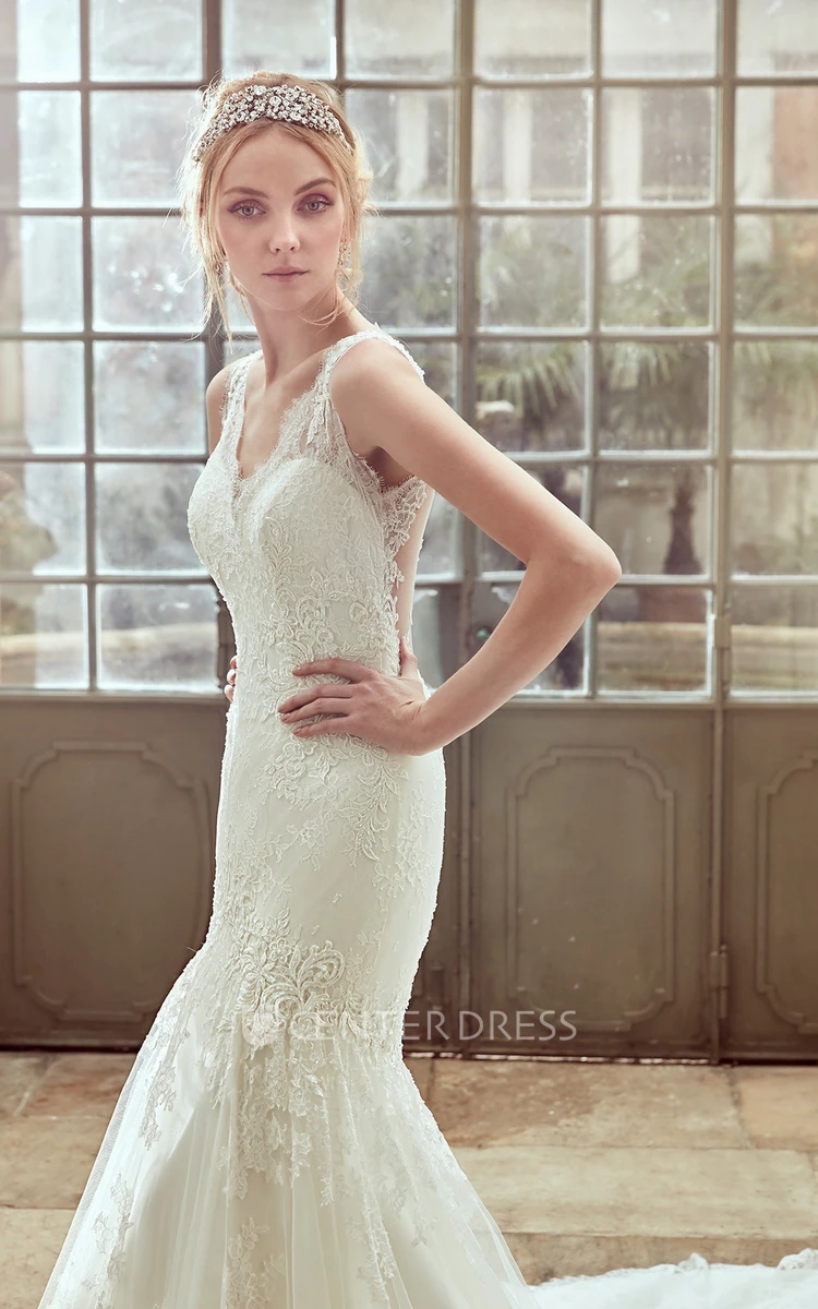 Strap-Neck Lace Wedding Dress With Illusive Back and Chapel Train