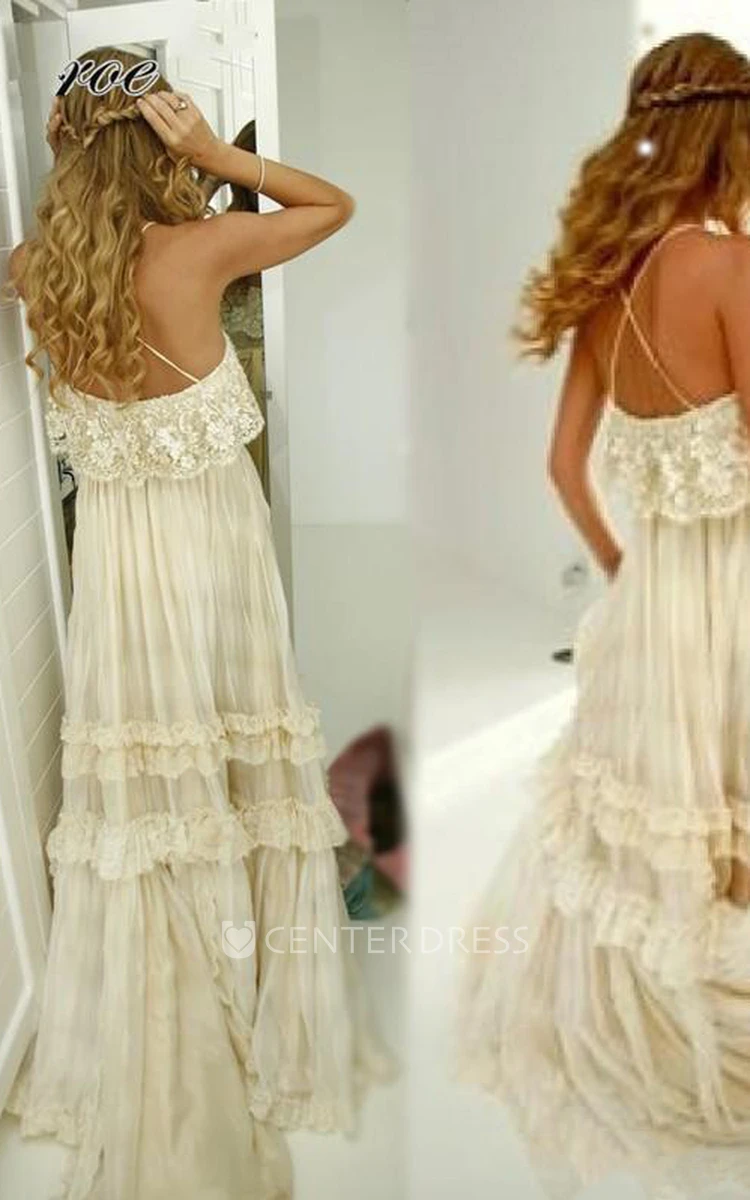 Cross Back Ethereal Court Train In Tiers Destination Wedding Dress With Spaghetti Straps