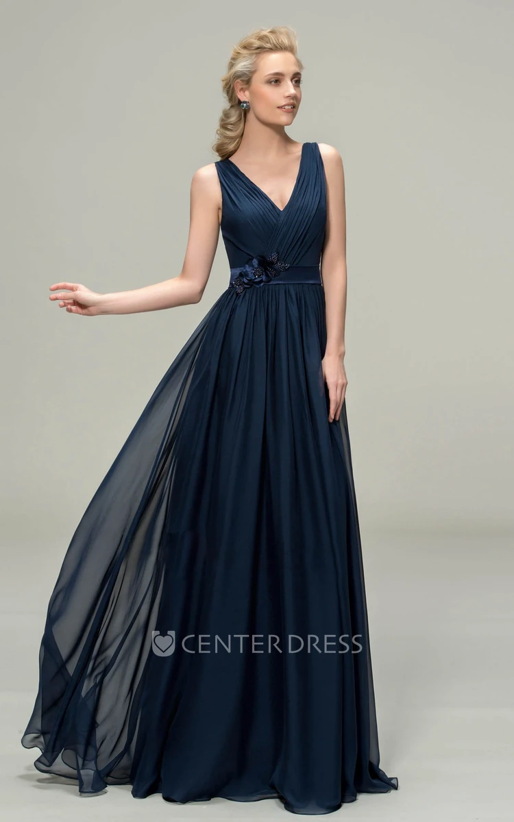 V-neck Sleeveless Elegant Chiffon Floor-length Dress With Floral Appliques And Sash