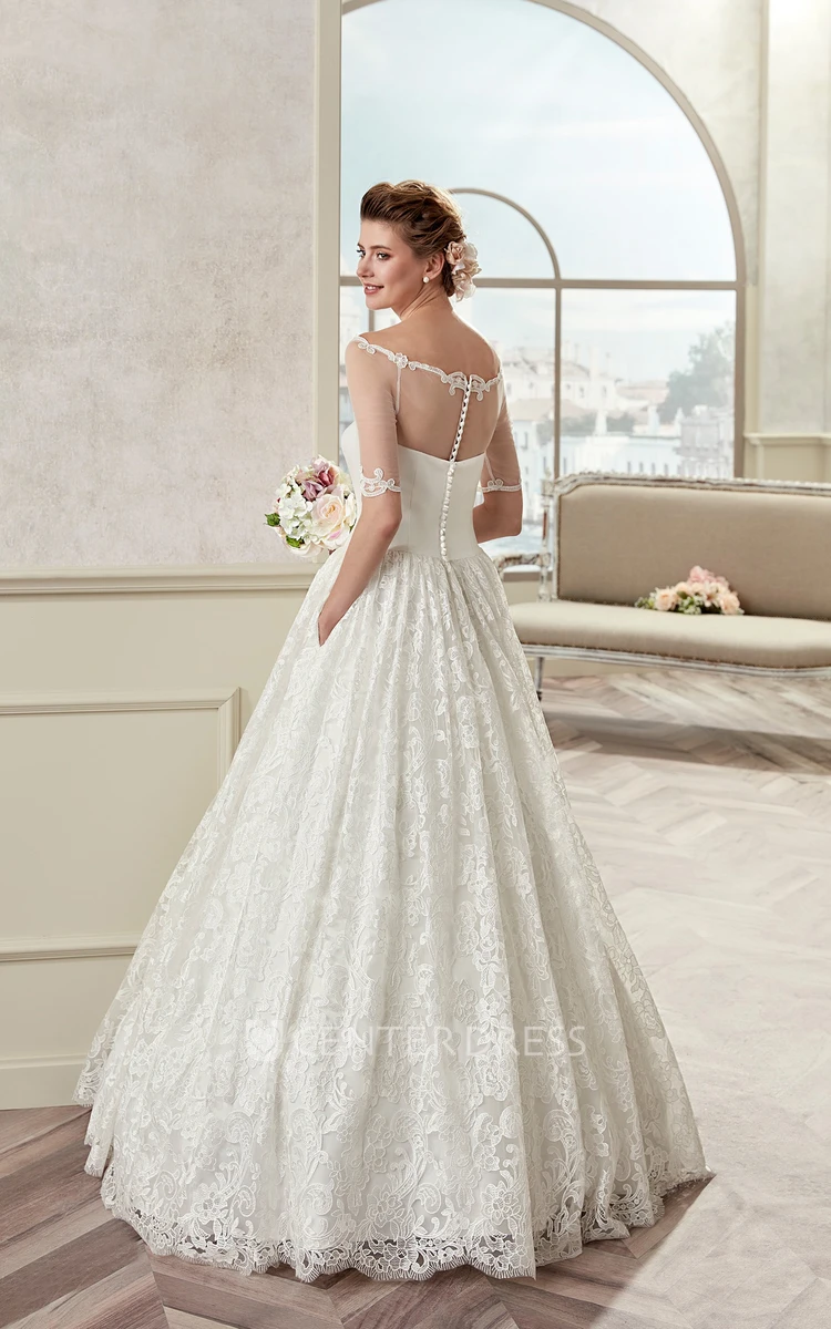 Half-Sleeve A-Line Bridal Gown With Off Shoulder And Illusive Design