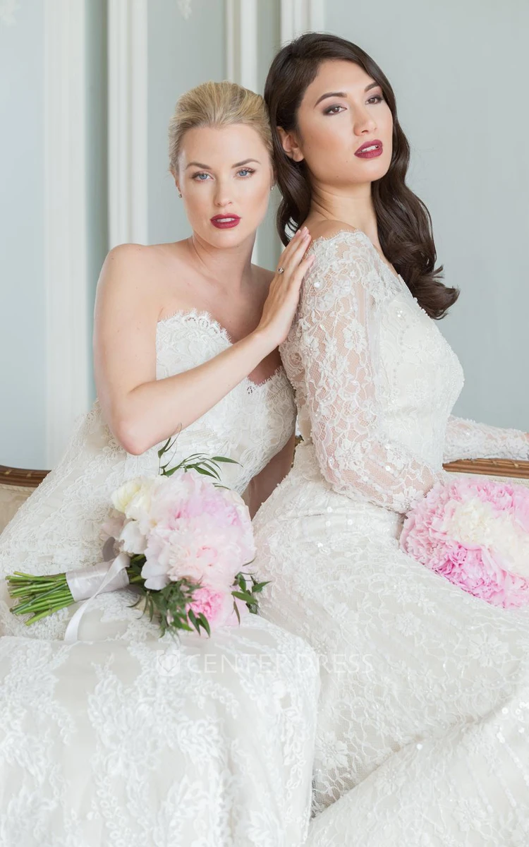 Off-The-Shoulder Beaded Floor-Length Long-Sleeve Lace Wedding Dress